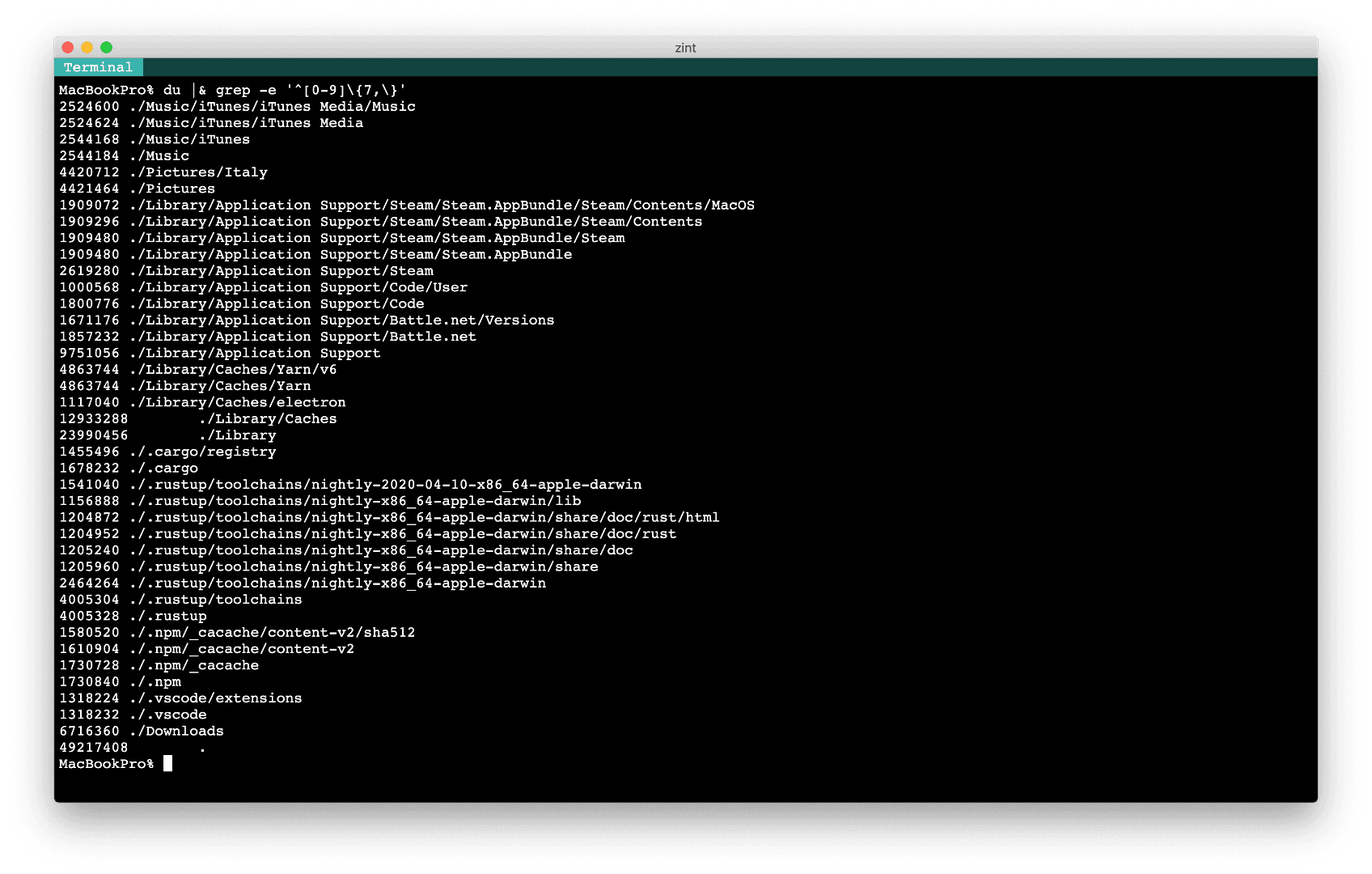 normal terminal command : du | grep to try to find big files